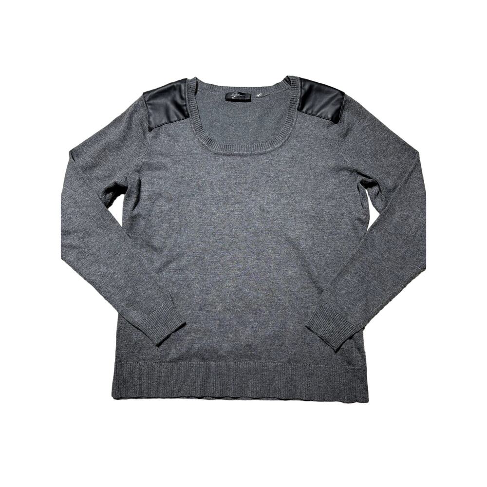 Lyn Womens L Dark Grey Knit Long Sleeve Sweater w/ Black Faux Leather Patches